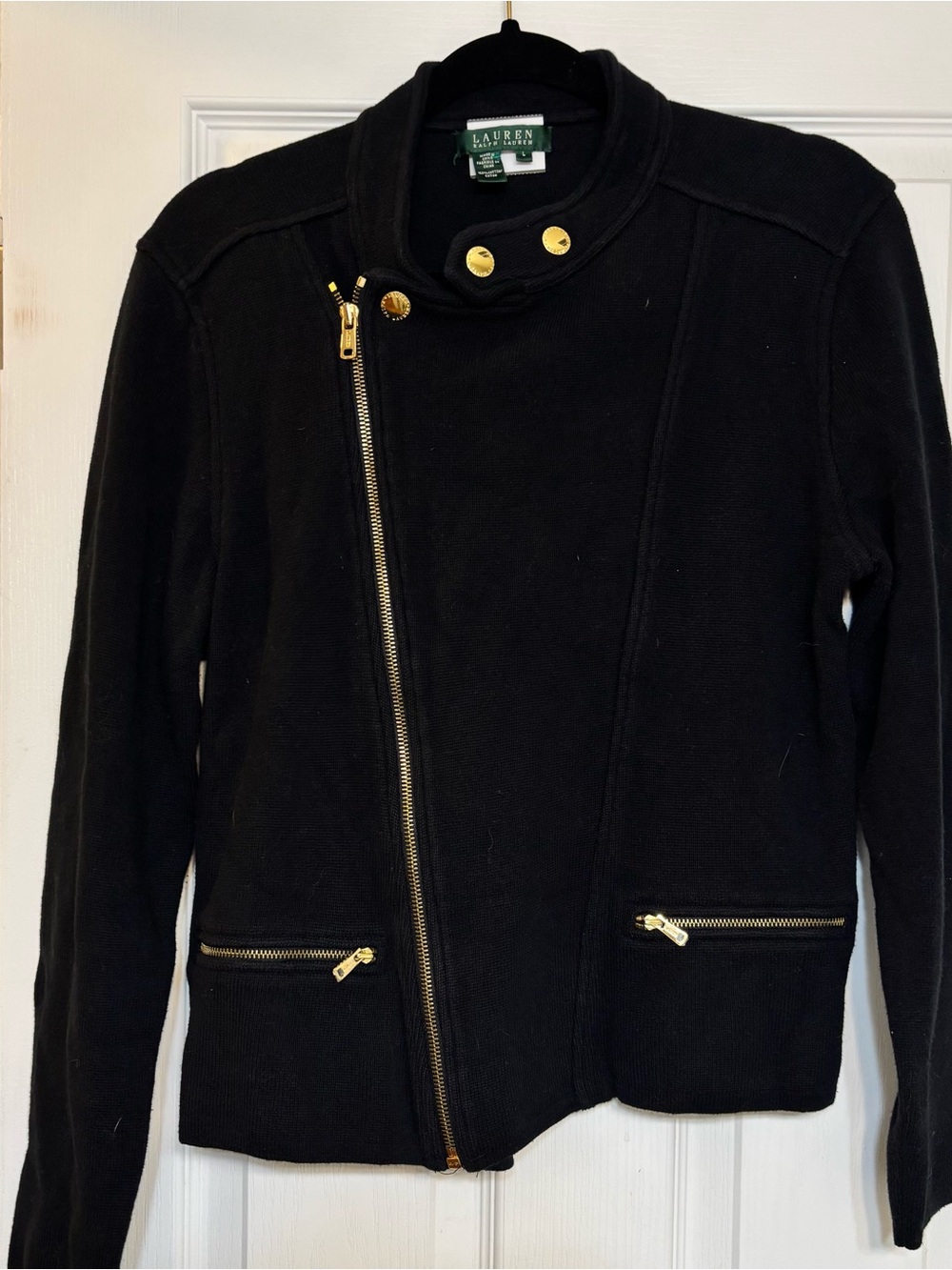 Ralph Lauren Black Asymmetric Zip Utility Jacket with Gold Hardware